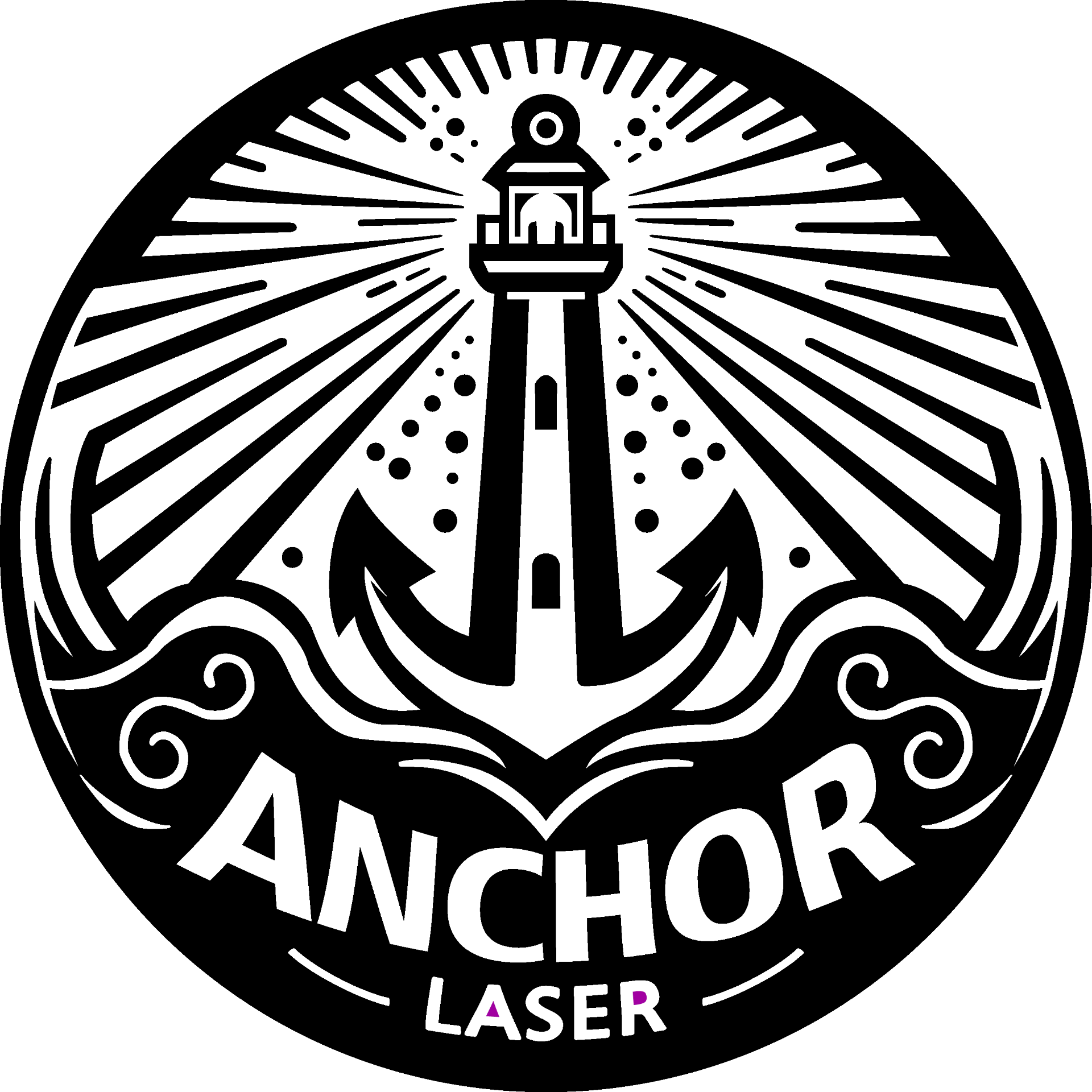 Anchor Laser badge: a lighthouse with radial rays over an anchor and waves